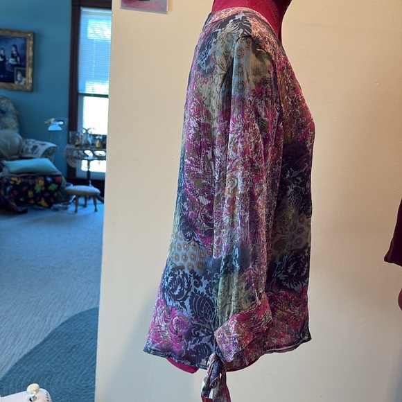 Coldwater Creek  silk blouse sheer sleeves  V-neck/buttons  pink blue sage NWT - Picture 8 of 15